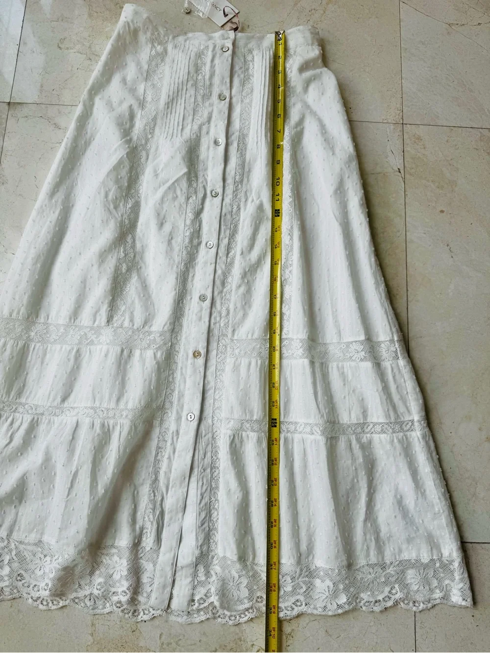 LoveShackFancy Alessia White Button-Front Maxi Skirt Elegant Lace Panel size 00